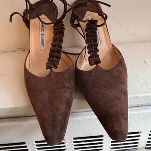 Vintage Manolo Blahnik Brown Suede T Strap Lace Up Heels, Size 37